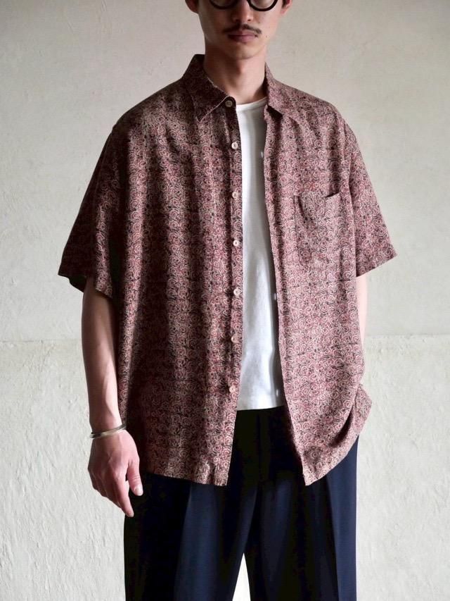 1990's PerryEllis Good Fabric Design Shirt Burgundy / Linen55%Rayon45%