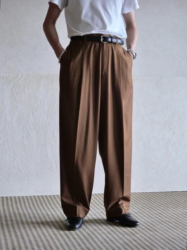 Super 150's Cool Wool x Cashmere 2tucks Trousers "Brown", Made in France 