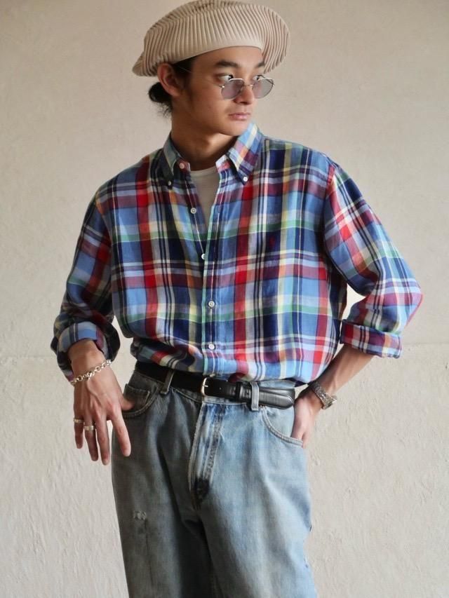 1990s Polo by Ralph Lauren Check Linen Shirt Resort Preppy Blue