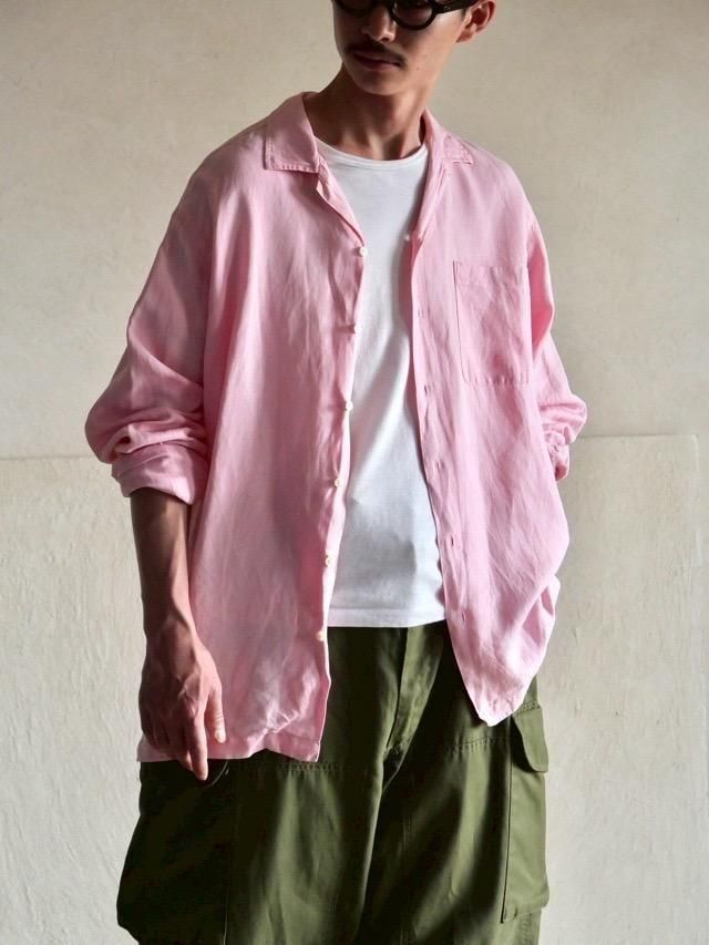 1990's RalphLauren Pink Linen Open-collar Shirt