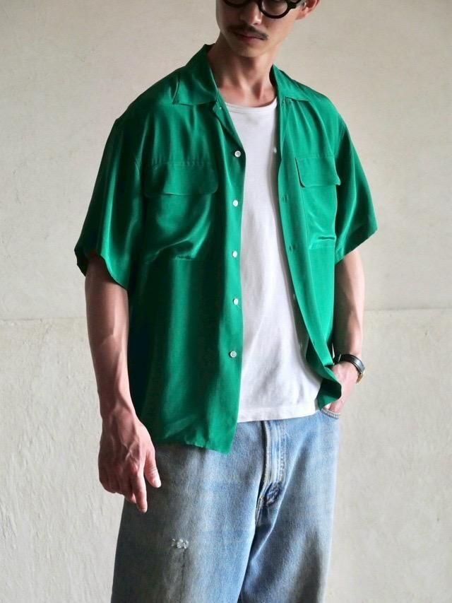 1990's RalphLauren Green Silk100% Open-collar Shirt