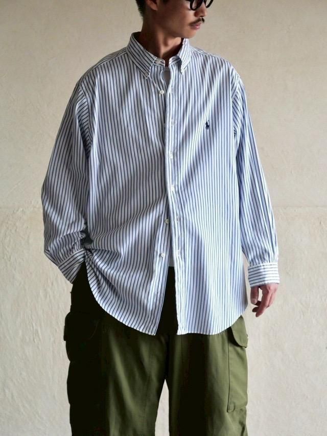 1990~00's RalphLauren L/S Cotton Stripe ShirtWhiteNavyBlue