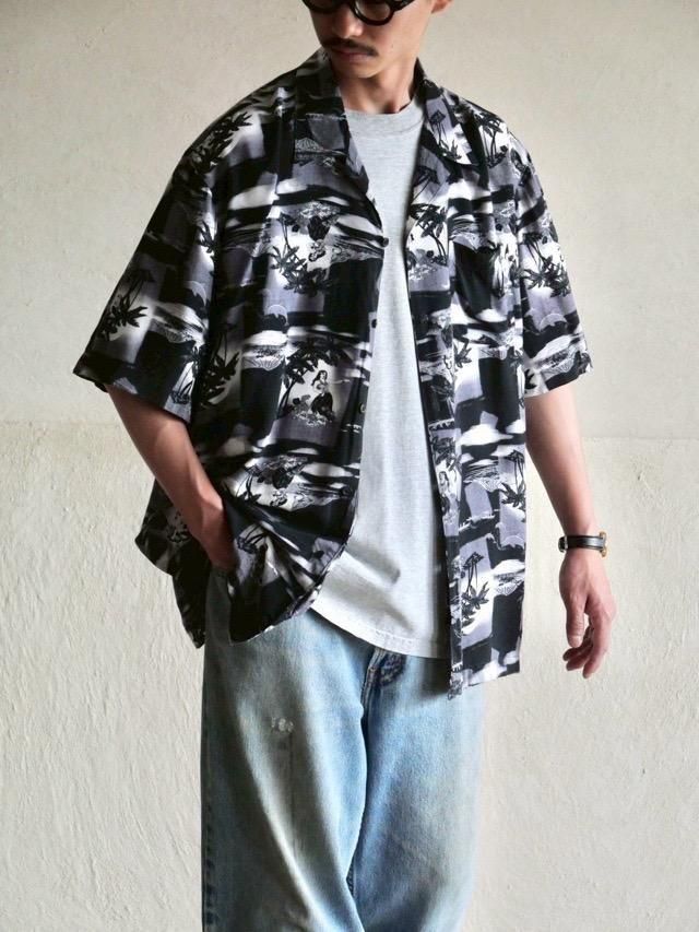 1990~00's puritan Black&White Rayon Aloha Shirt