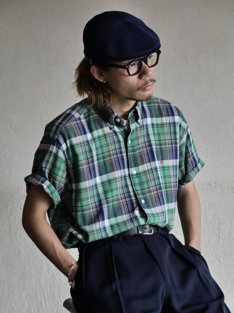 1990-00's RalphLauren Cotton Check S/S B.D.ShirtGreen