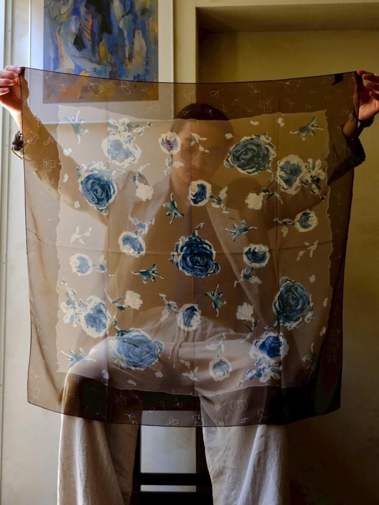 DEADSTOCK Italian Printed Scarf"Brown & Blue-Rose"
