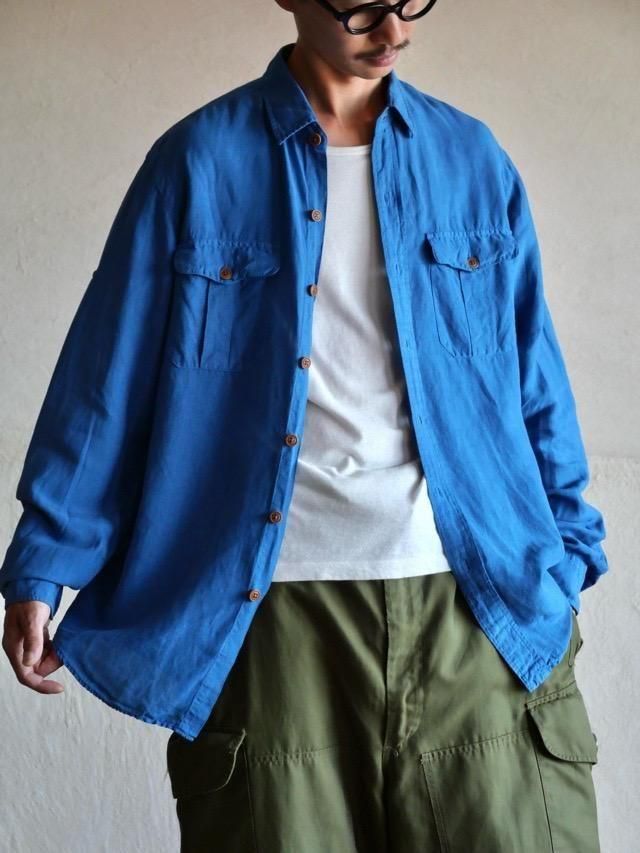 1990's RalphLauren Linen 2pockets Shirt Blue