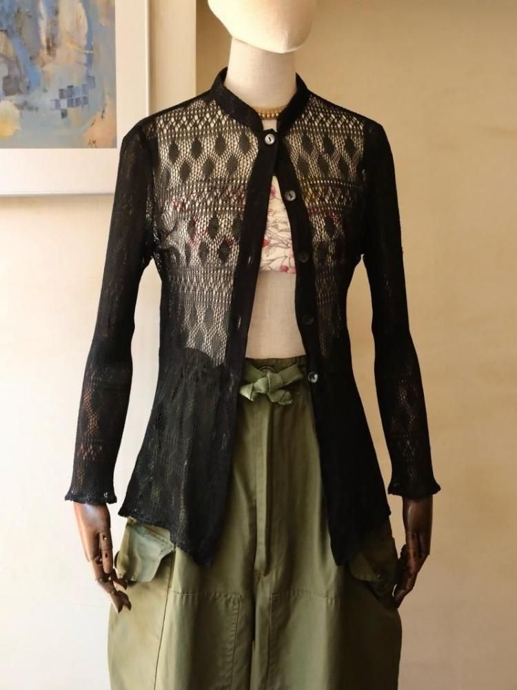 1990's KENZO Black Rayon Knit-Lace Shirt