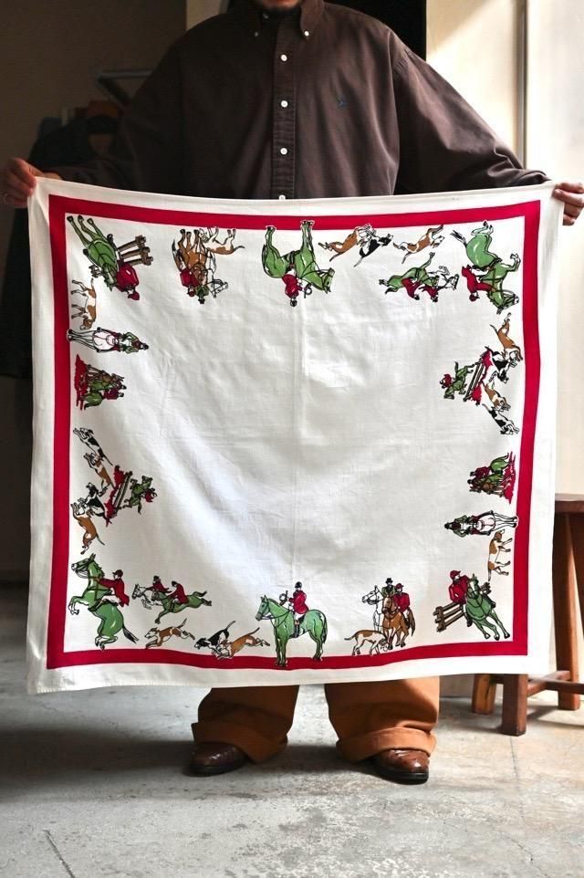 1990's Cotton Printed Scarf "Green Horse Riding"