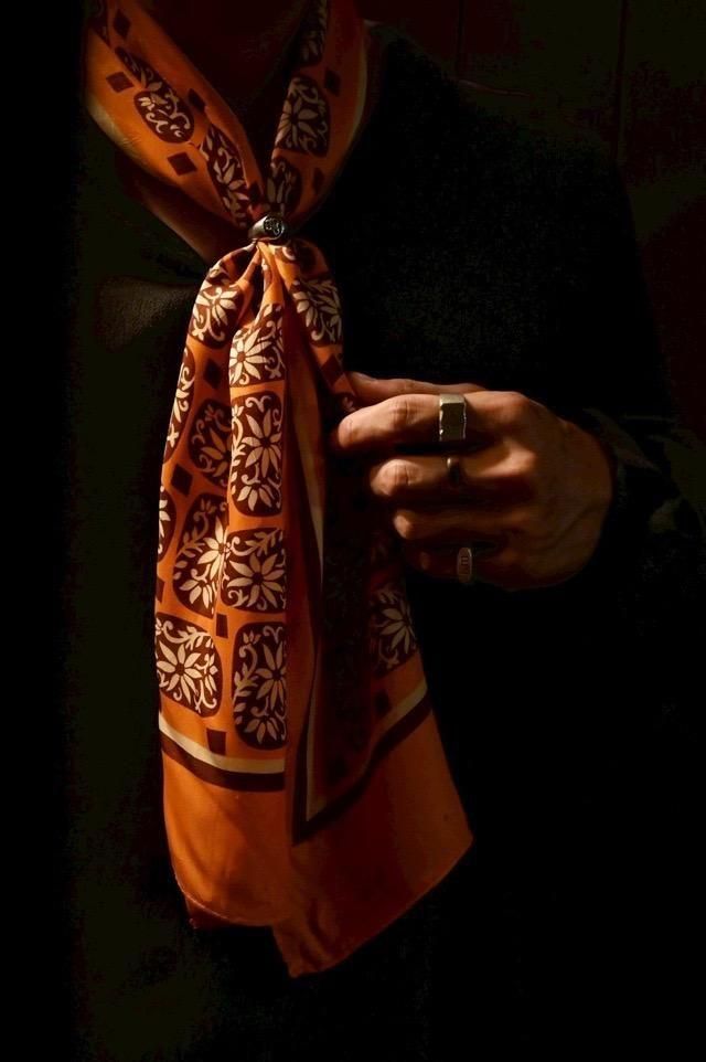 Vintage Printed Silk Scarf Orange  Brown