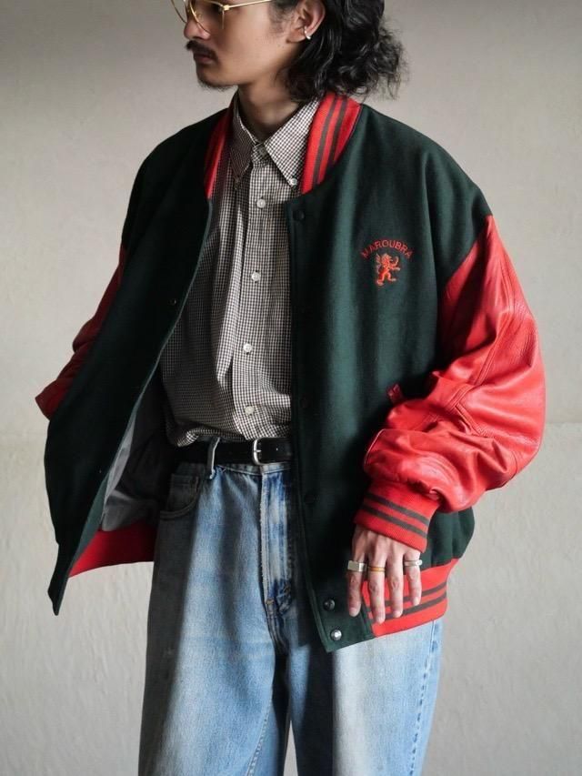 1980's GreenWool  RedLeather Stadium Jacket