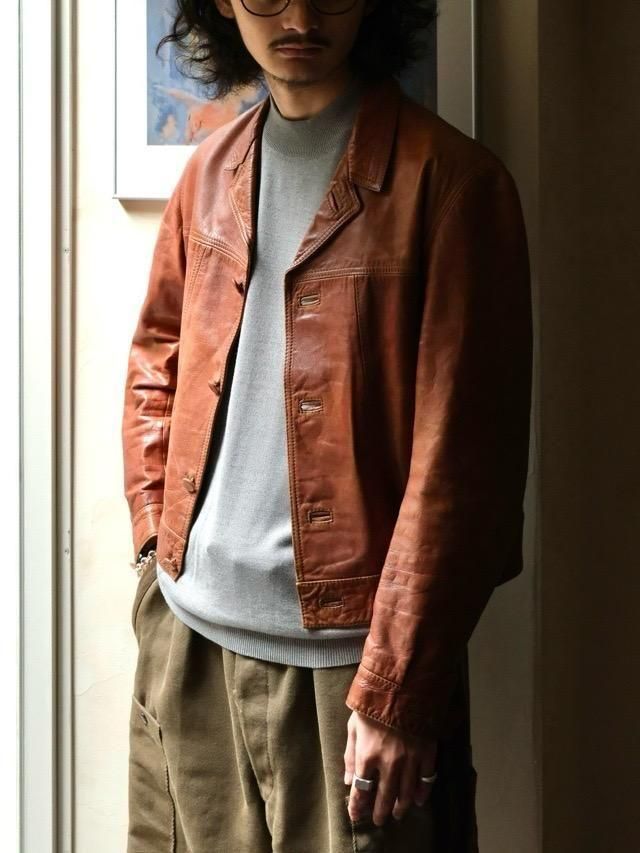 1970~80's Italian Vintage Leather Trucker Jacket