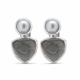 Silver Pearl Hand Carved Natural Quartz and Mother of Pearl Clip Earring in Sterling Silver