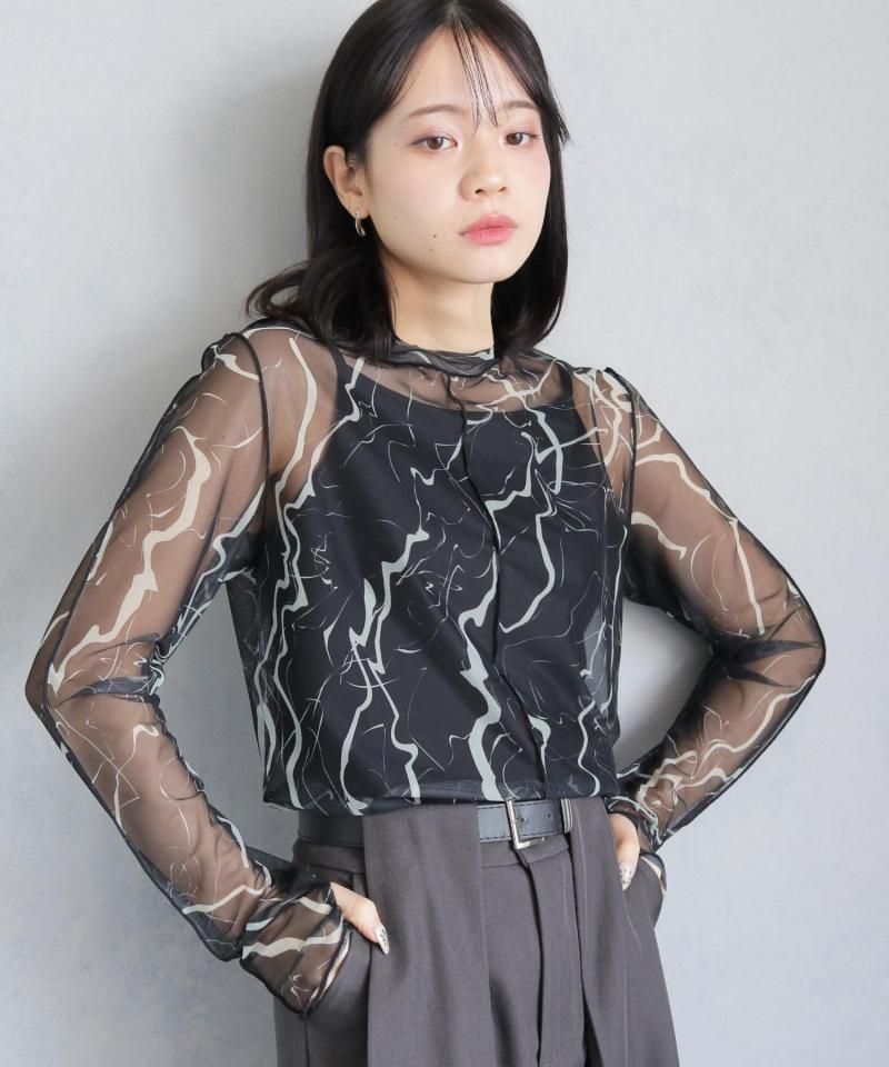 cheriellaFINGER HOLE MARBLE HIGH NECK SHEER TOPS LONG SLEEVES/980-23707