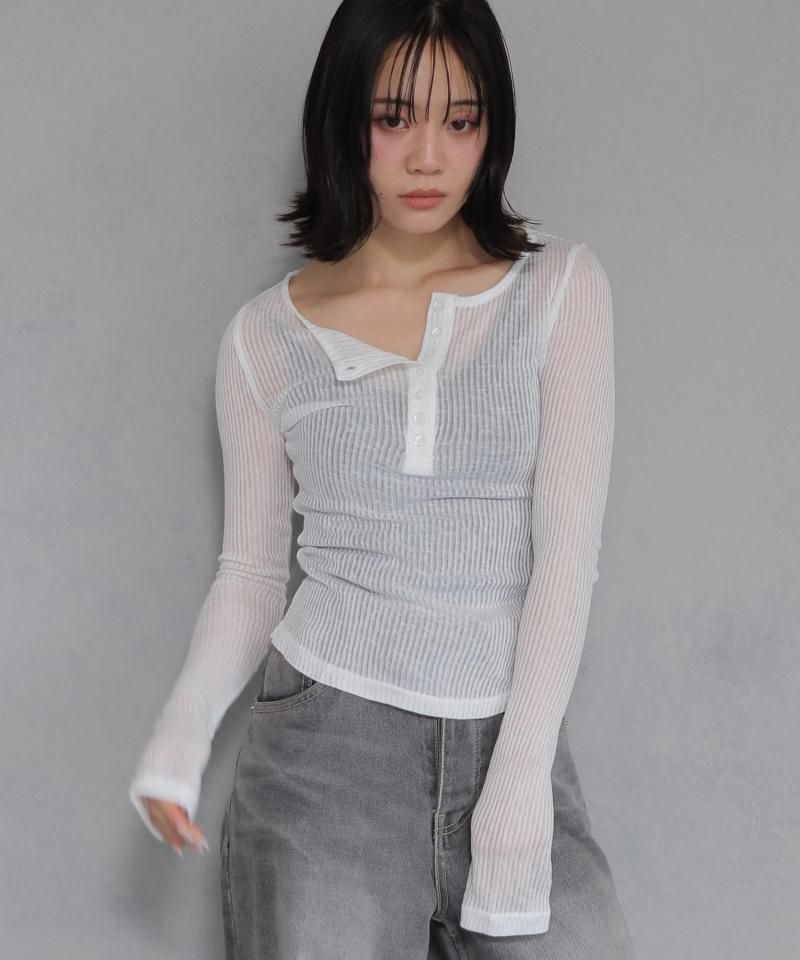 cheriellaSHEER RIBBED HENLEY NECK TOPS/737-23721