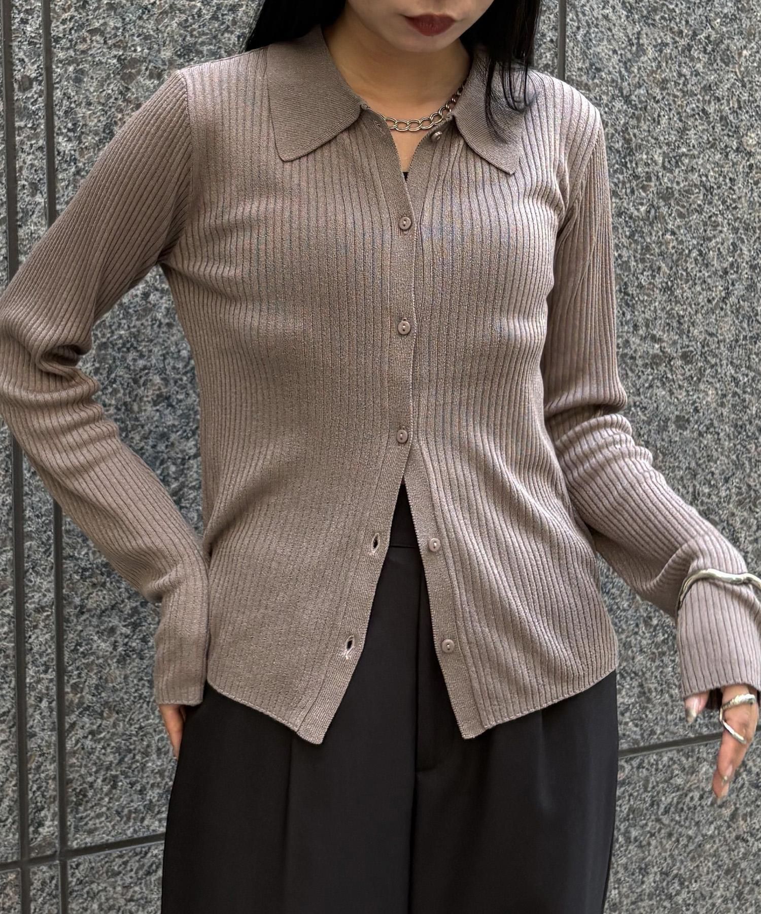 Aimeine エメイン　シアーライン　ポロ　ニット　ブラウン　現行 Aimeine エメイン シアーライン ポロ ニット ブラウン 現行