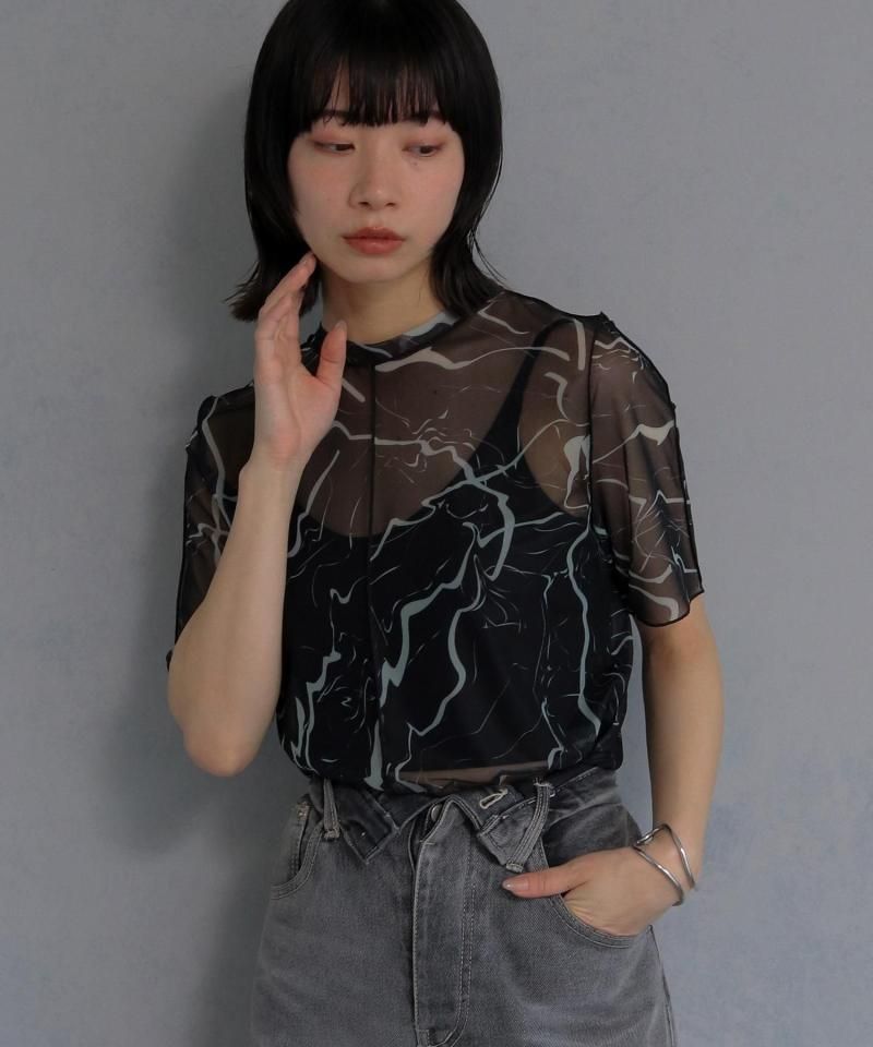 cheriellaMARBLE HIGH-NECK SHEER SHORT-SLEEVE TOP/980-23717