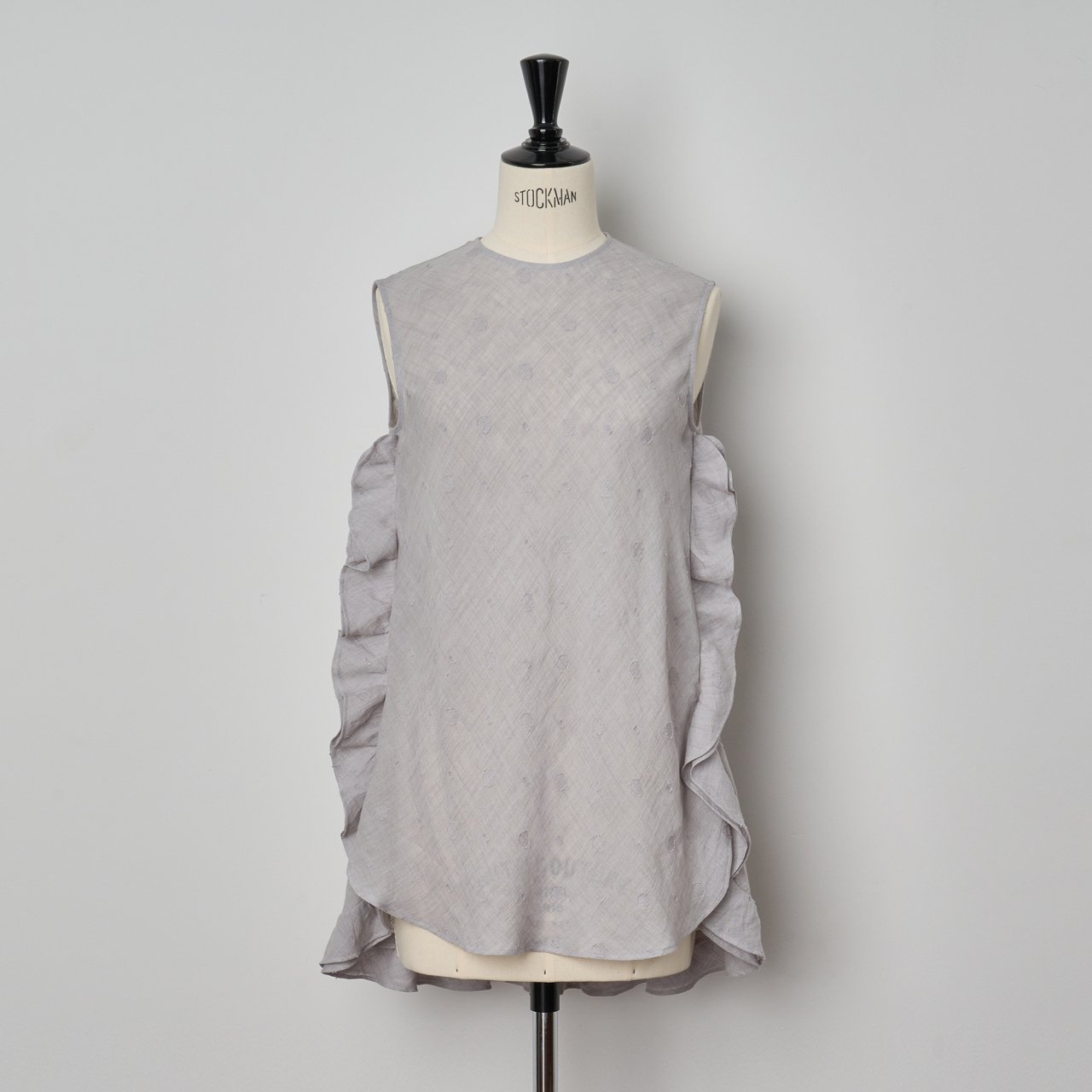 Pale Jute<BR>linen dots sleeveless blouse<BR>grey
