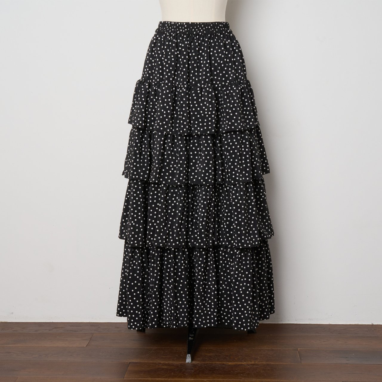 Pale Jute <BR>polka dot tiered skirt<BR>black  white