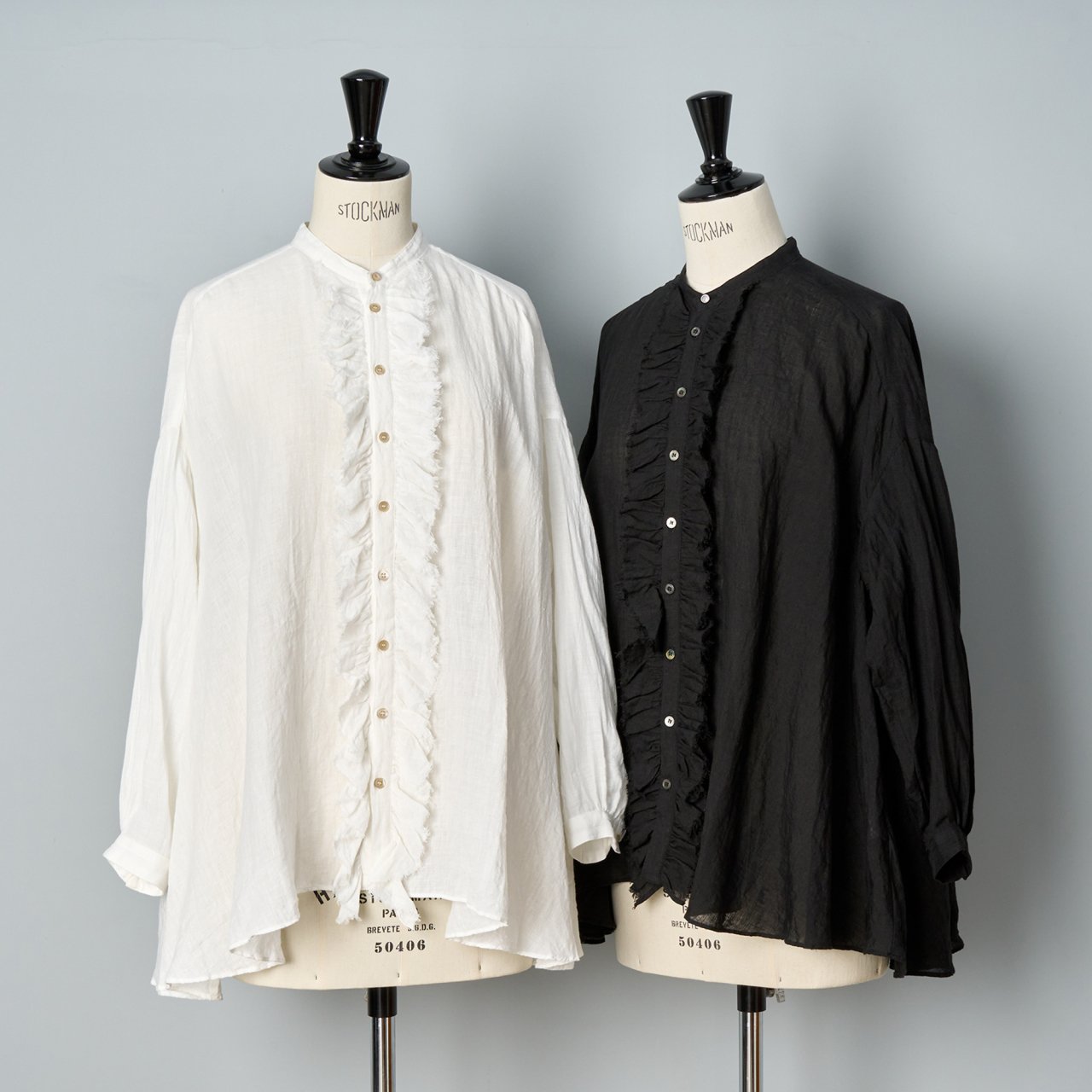 suzuki takayuki <BR>frilled blouse<BR>オフホワイト.シルバーグレー.ブラインブルー.ブラック<BR>4色展開