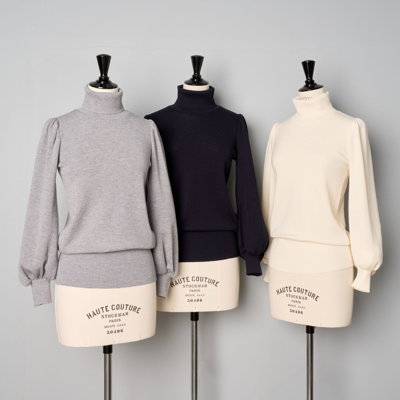 PaleJute<BR>volume sleeves turtleneck<BR> Lily of the valley<BR>whitelight greynavy