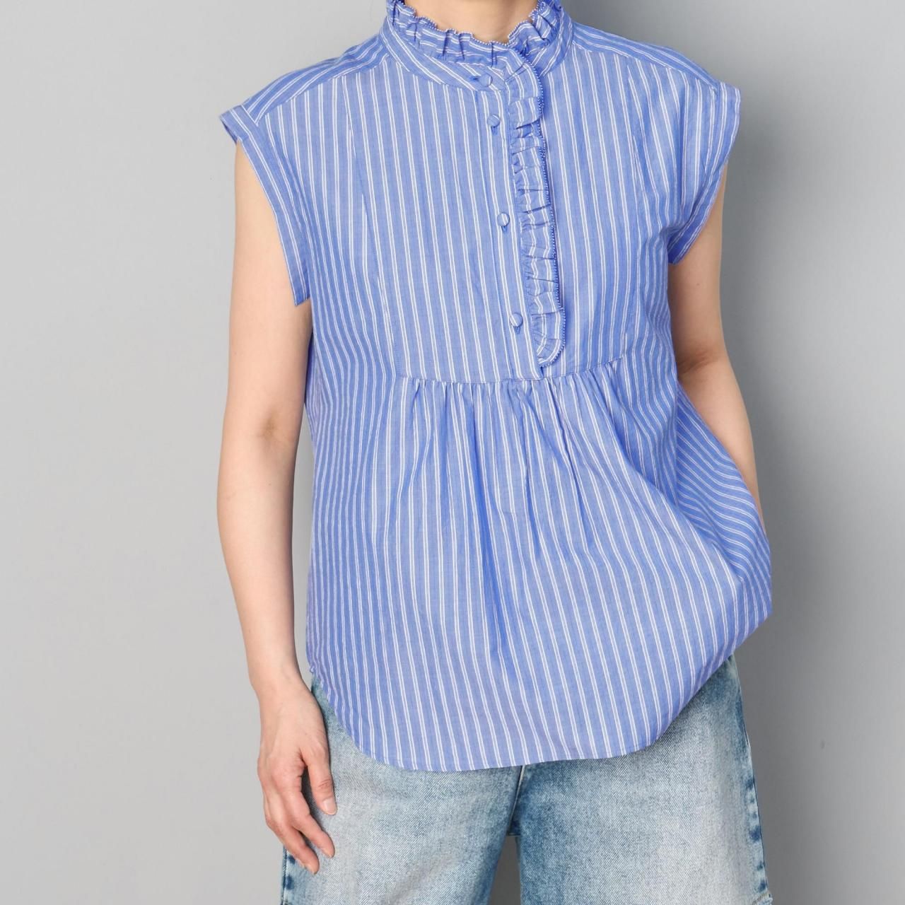 Pale Jute<BR>stripe band sleeve shirt<BR>