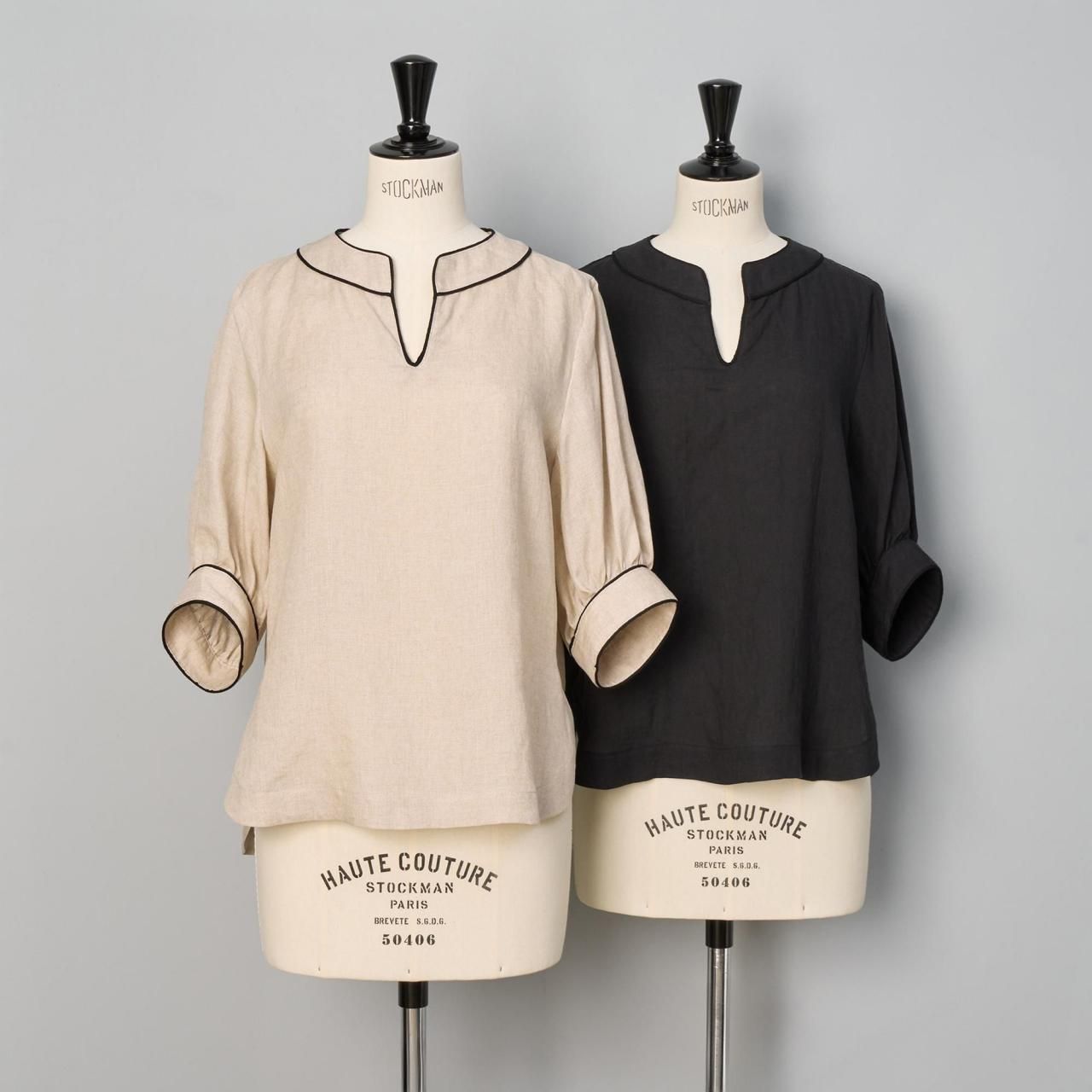 Pale Jute<BR>linen piping blouse<BR>