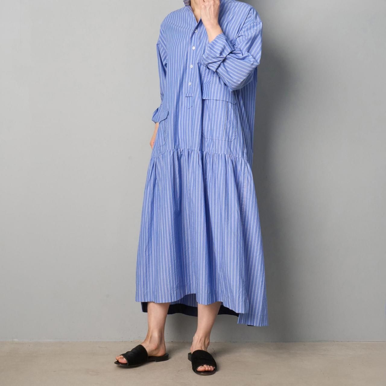Pale Jute <BR> stripe shirt one-piece<BR>blue stripe