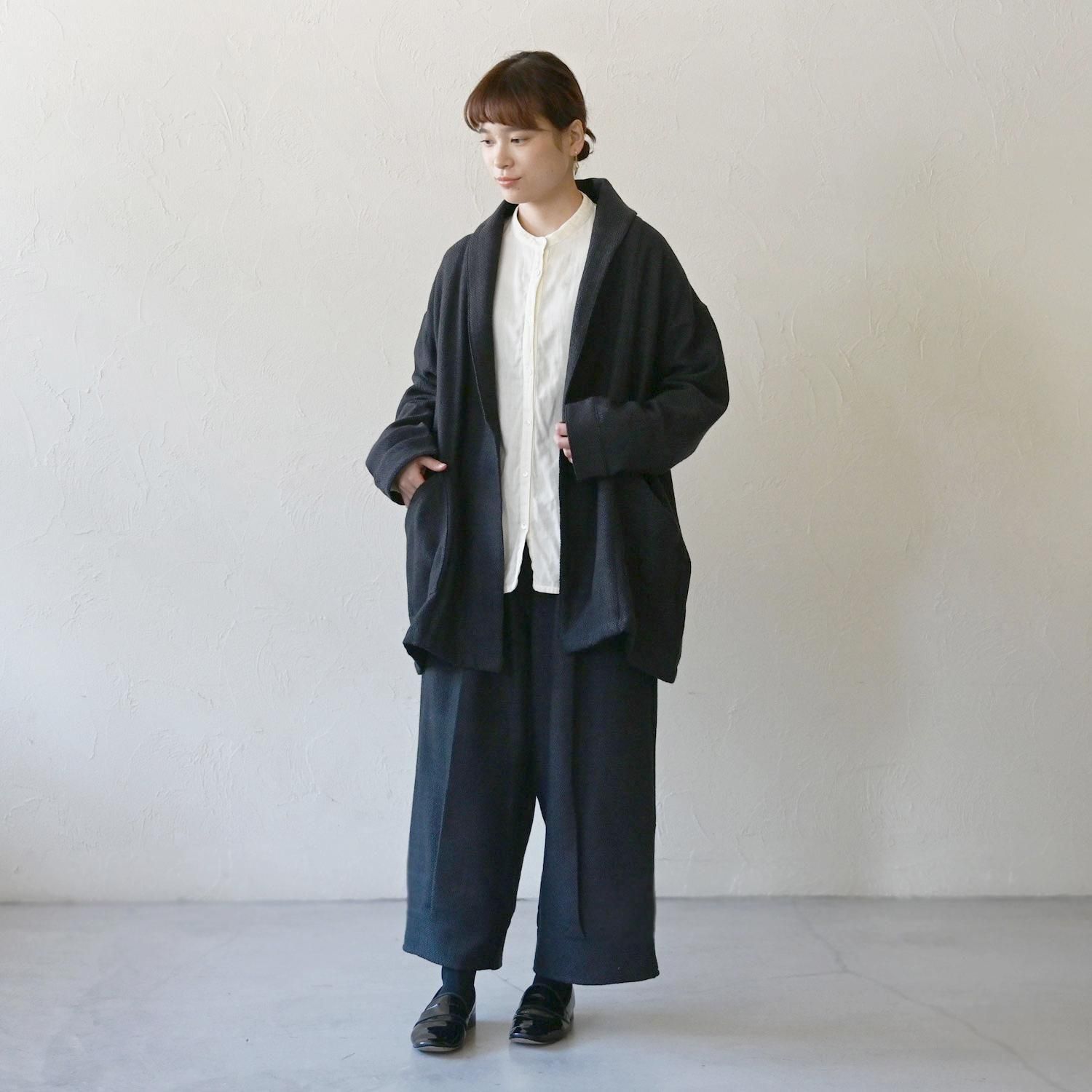 FLAX リネン ヘリンボーン織り ランダムストライプ 羽織りコート 手織メリノショールカラーコート - 【シサム工房 公式