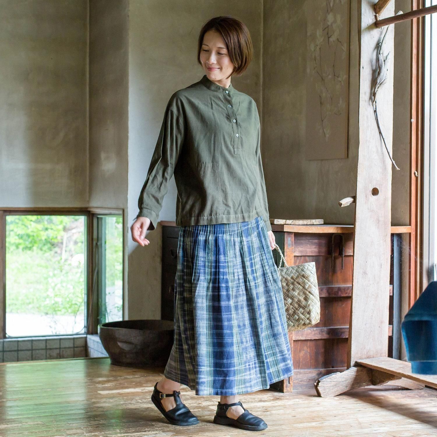 手織藍染checkピンタックスカート - 【シサム工房 公式OnlineStore