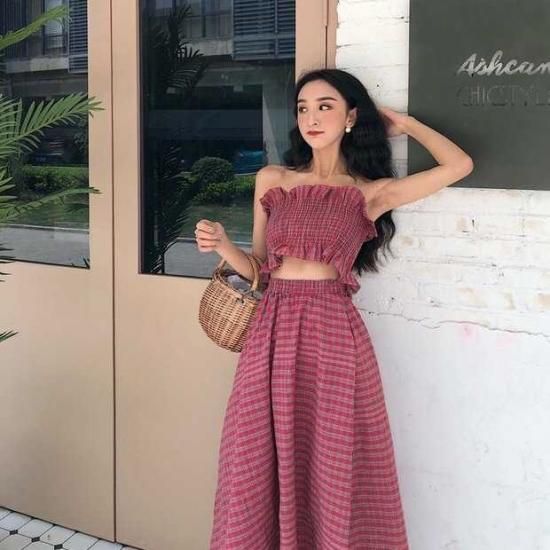 ピンク チェック柄 フリル スカートセットアップ