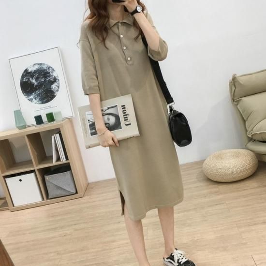 妊娠中から産後まで きれいめカジュアルな前開きロングワンピース 4色