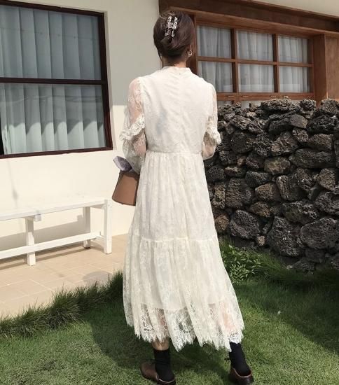 大人ガーリーな海外デザイン ティアードフリルの総レースロング