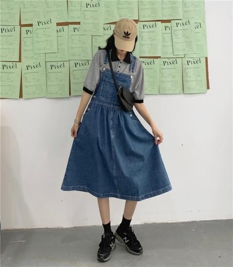 人気の海外デザイン カジュアルかわいいフレアシルエットのデニムサロペットスカート オーバーオール