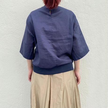 BLANC basque コットン/ラミーローン プリント入り半袖ブラウス