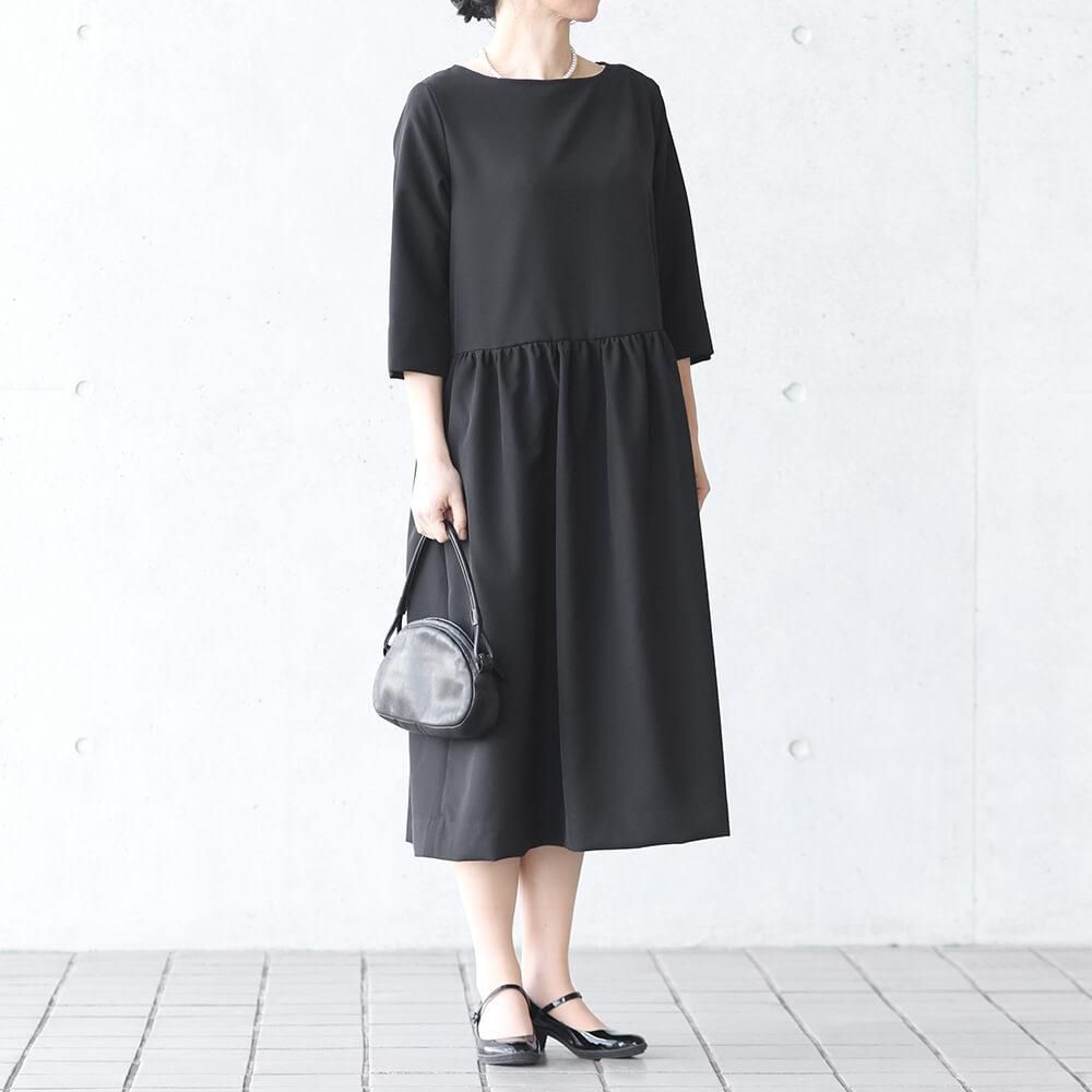 とろみ素材 ローウエスト 七分袖ワンピース （ブラック） | アジアの手
