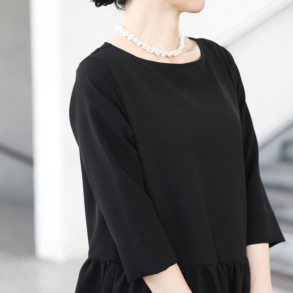 ブラック 七分袖ウンガロワンピース 家庭で洗える】日本製フォーマル七分袖タック入りワンピース bp-062-op