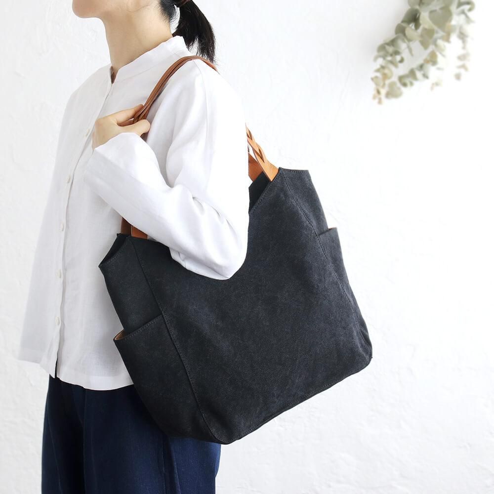 レディーストートバッグ　ハンドメイド 22オンス帆布と編み込みレザーショルダーのトートバッグ mum