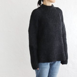 羊毛100% 手編みウールニット 片畦ハイネックセーター （チャコール）