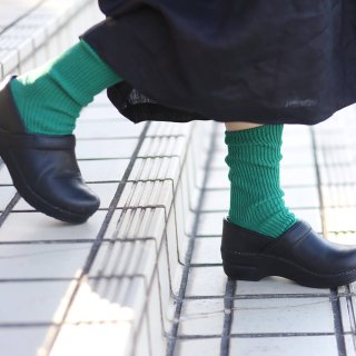 リサイクルコットン ソックス 細リブ編み 天然素材 靴下 女性用23-25cm（チーズ染色＊グリーン）
