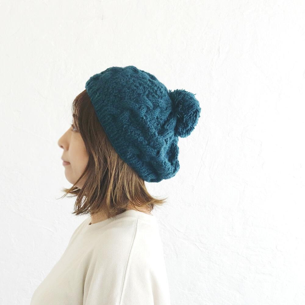 羊毛100% アラン模様ニット帽 ポンポンウールキャップ フリース