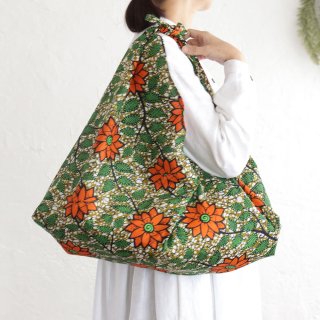 alinのあづま袋 L 65cm エコバッグに マチ付き アフリカンバティック （オレンジ花/カーキ）