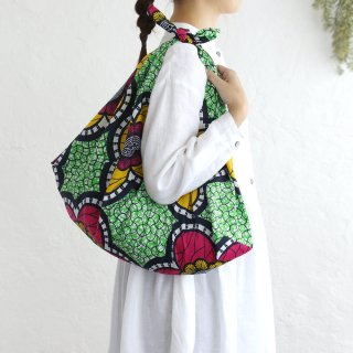 alinのあづま袋 L 65cm エコバッグに マチ付き アフリカンバティック （大花/グリーン）