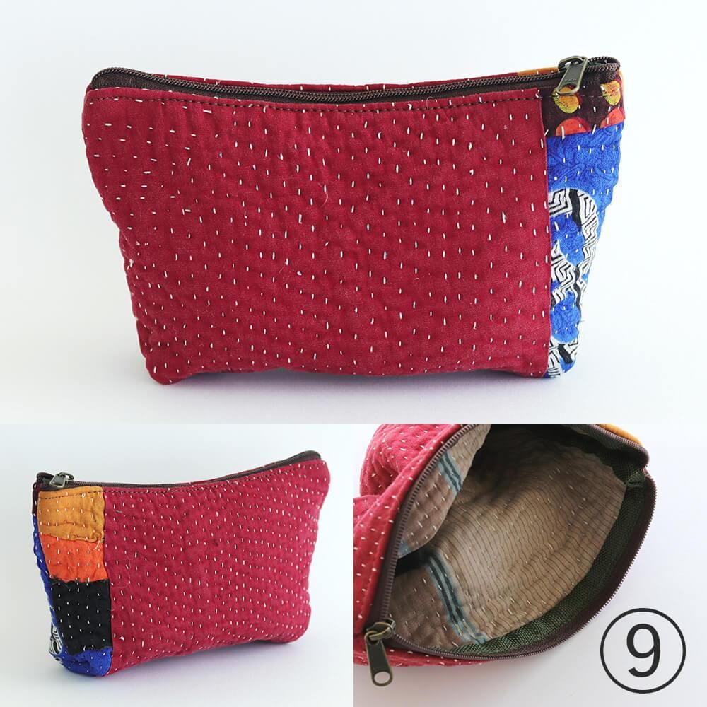 インドの刺し子布 カンタ刺繍（ラリーキルト）ボート型ポーチ