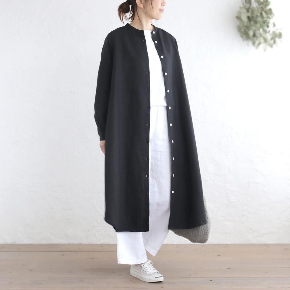 リネン 2way スタンドカラー長袖シャツワンピース 羽織り （ブラック