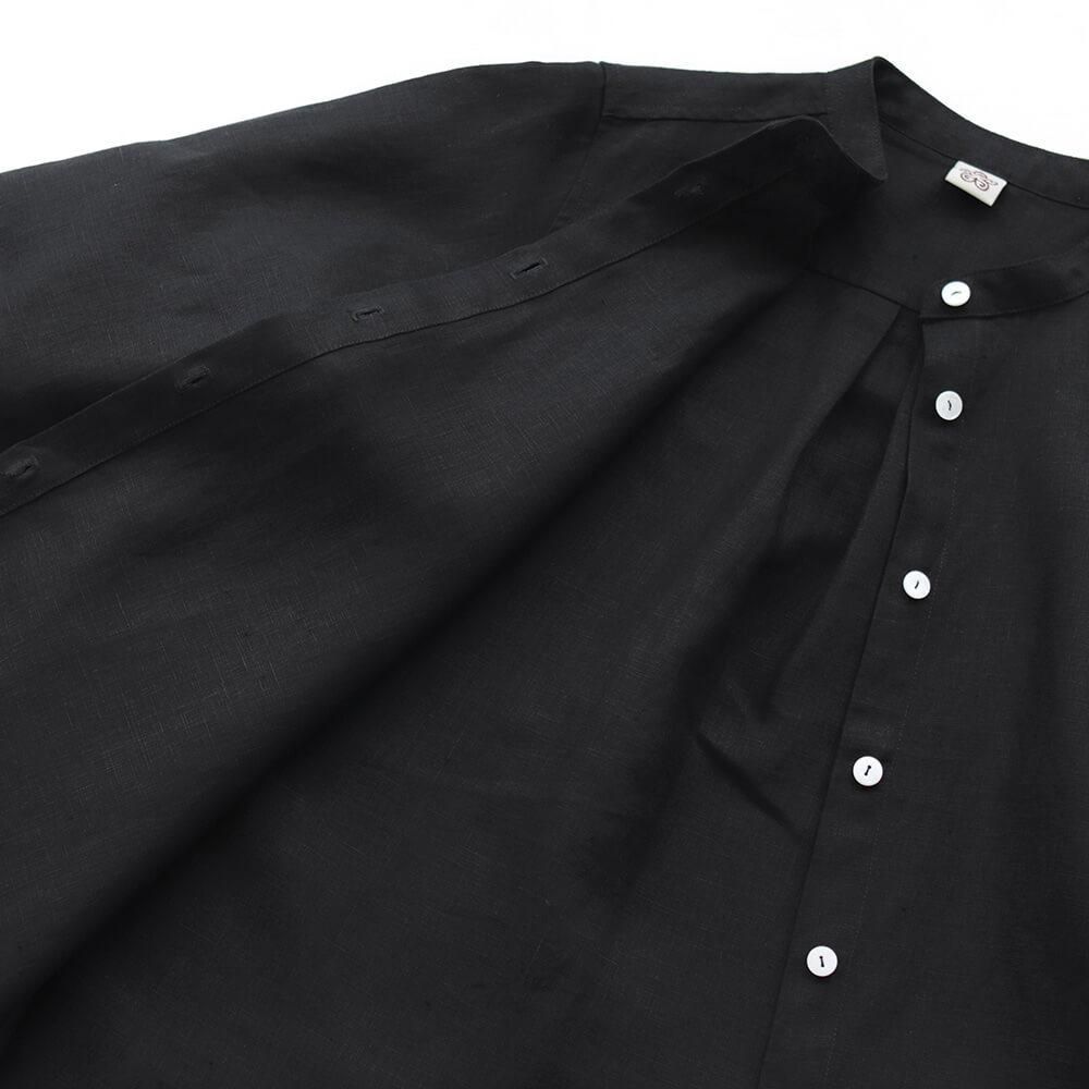 リネン 2way スタンドカラー長袖シャツワンピース 羽織り （ブラック