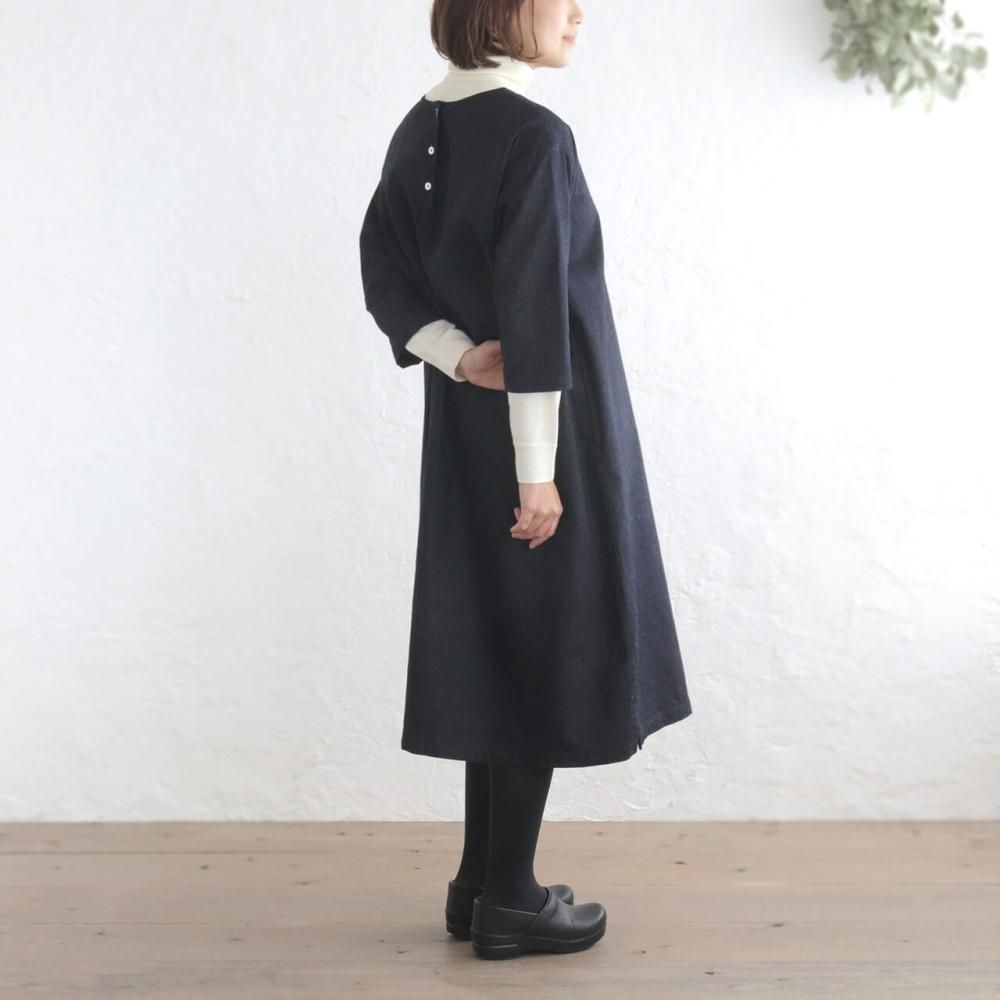 送料無料】 リネン混デニムワンピース ラウンドネック サックドレス