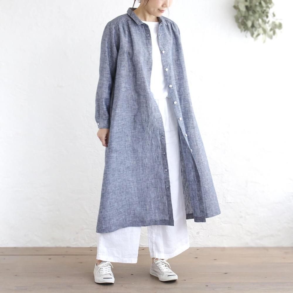 【Plantation】綿100% 2wayロングシャツワンピース ネイビー 綿麻ローンシャツワンピース （ロング・マキシ丈ワンピース
