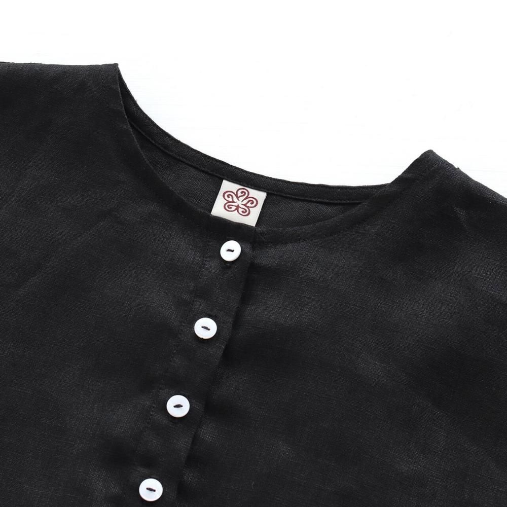 送料無料】リネン ヘンリーネックワンピース （ブラック）OP43