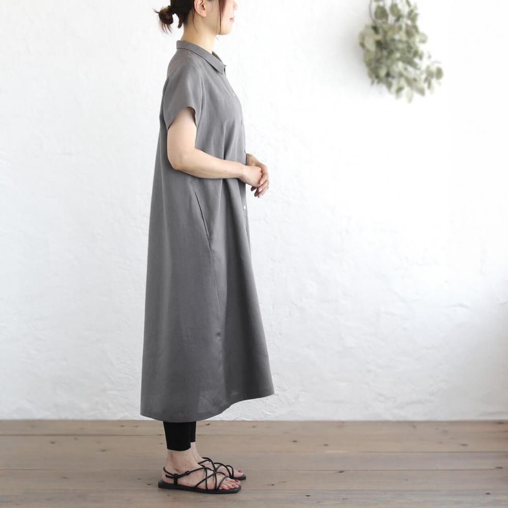 送料無料】 リネン 2way半袖シャツワンピース | グレー - アジア