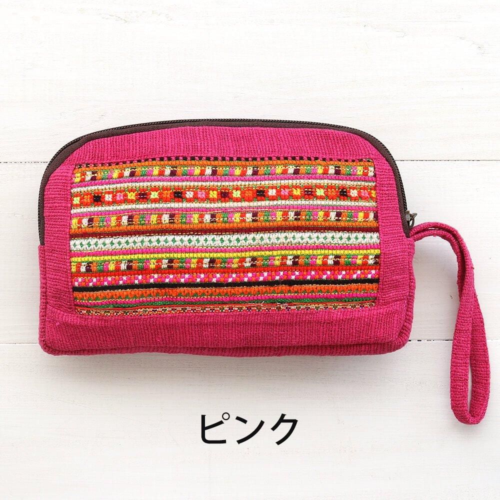 彩り華やぐモン族刺繍のスクエア型コットンポーチ | アジアの手仕事